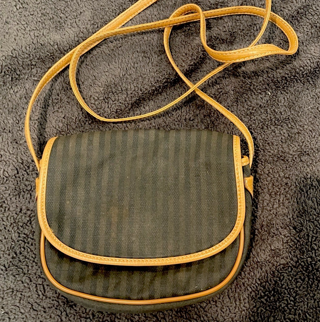 Green Striped Crossbody Bag Tan Trim Zip Closure Lined Black Interior Strap