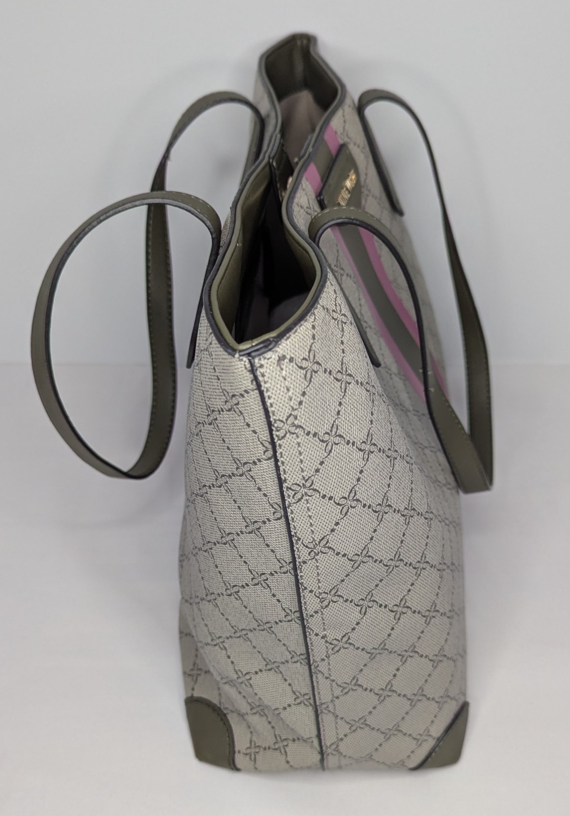 Nine West Tote Bag Featuring a Beige Geometric Print and Pink and Olive Accents