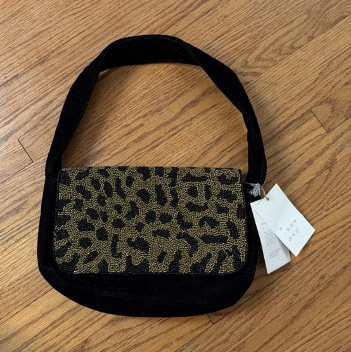 A New Day Small Black & Gold Leopard Animal Print Beaded Shoulder Bag NWT