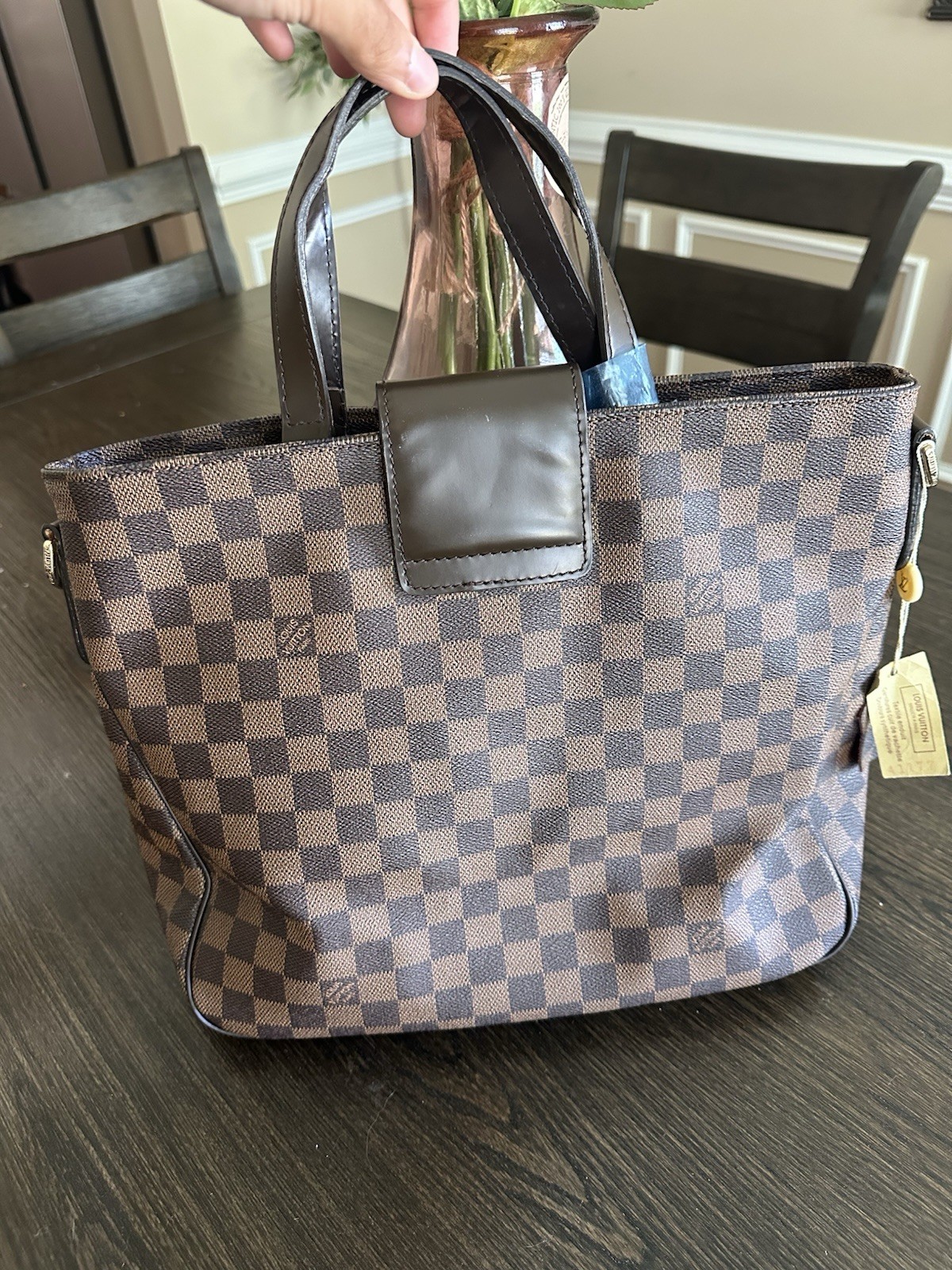 Louis Vuitton Damier Ebene Checkered Medium Tote Brown Red Lining Buckle