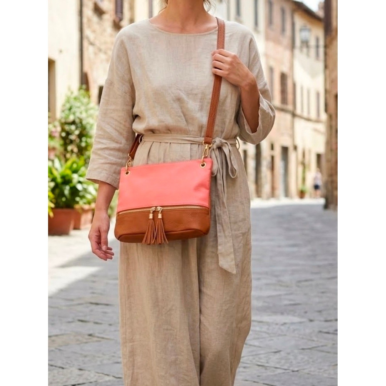 Coral Pink Brown Crossbody Shoulder Bag Summer Vacation Purse Medium Classy