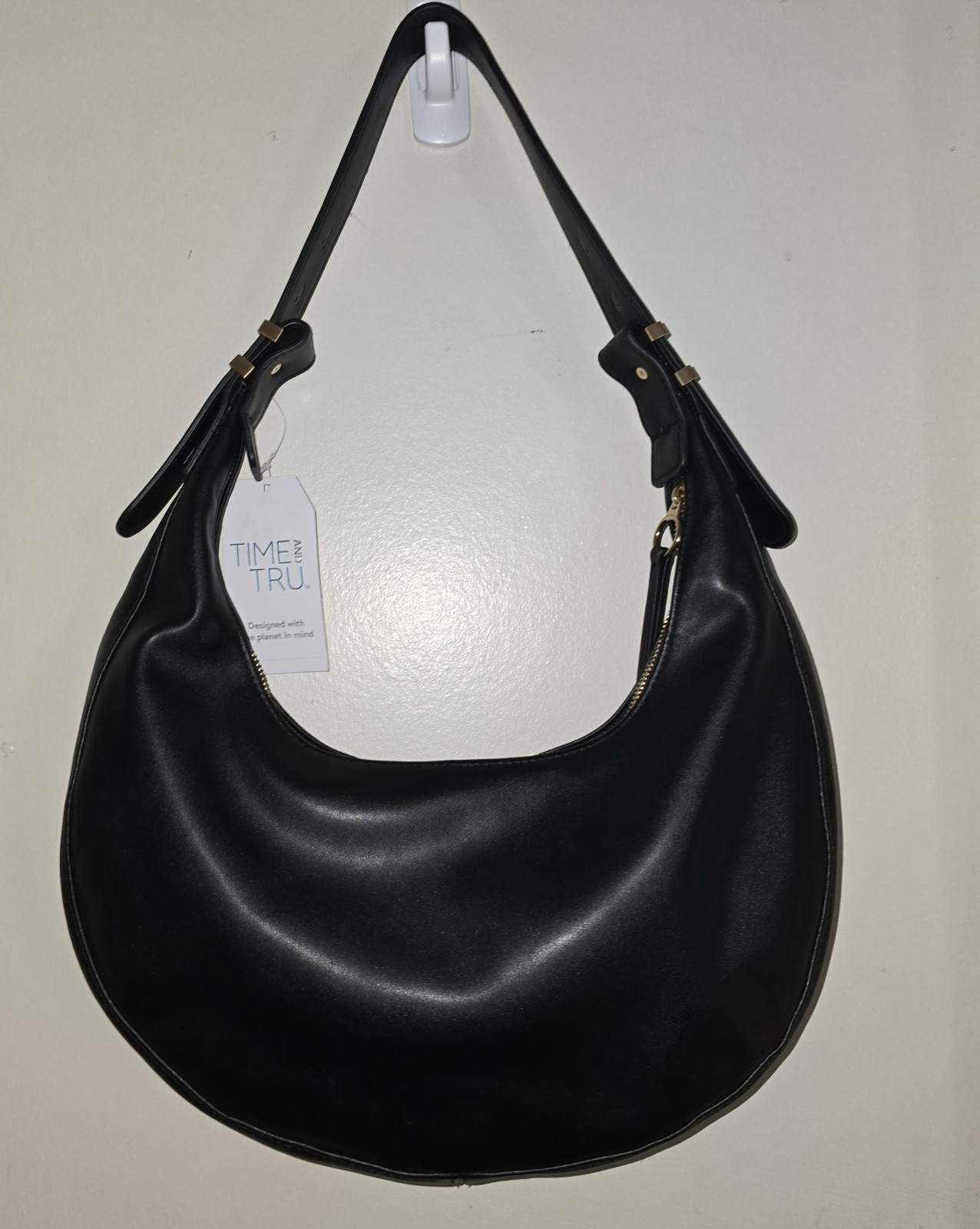 Time And True Black Hobo Shoulder Bag-Leather Look – Made W/Recycled Fibers -New