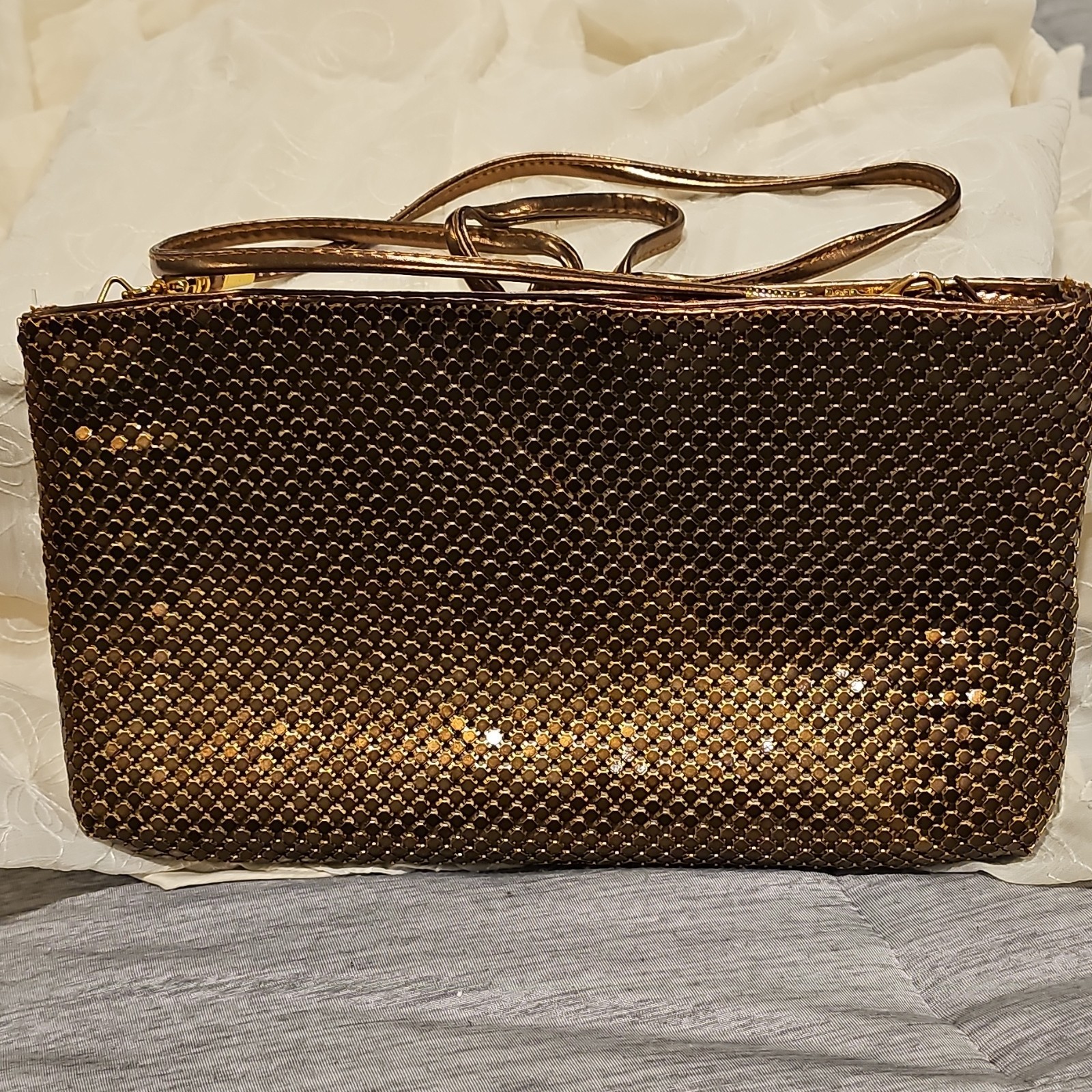 Gold Bronze Metallic Clutch Purse Zip Lined Inner Pockets Detachable Strap
