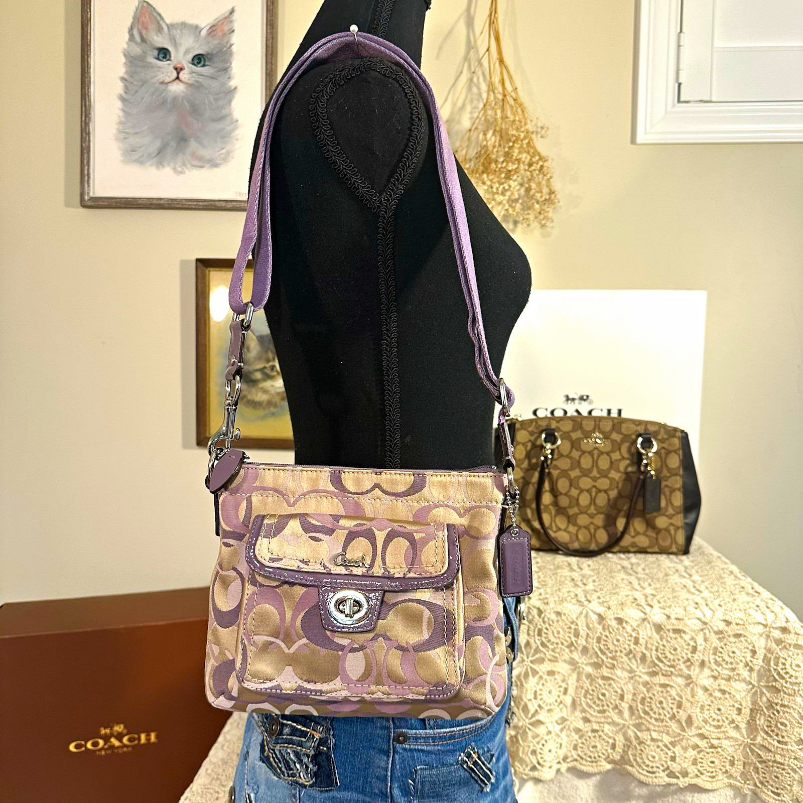 Coach Signature Logo Purple Beige Small Crossbody Zip Turn Lock Adjustable Strap