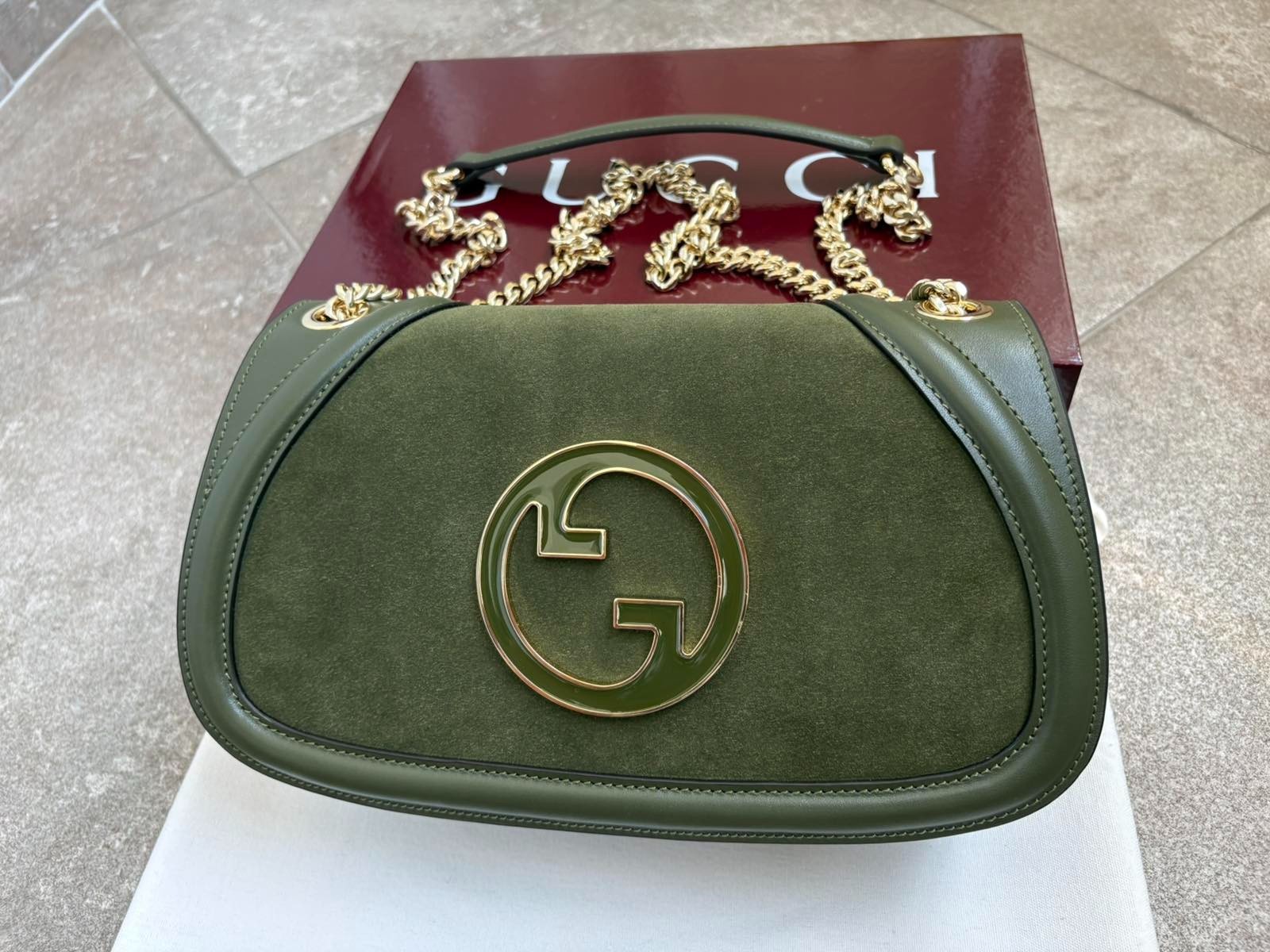 Gucci Blondie Medium Bag Green Leather Chain Strap Gold / Green GG Authentic