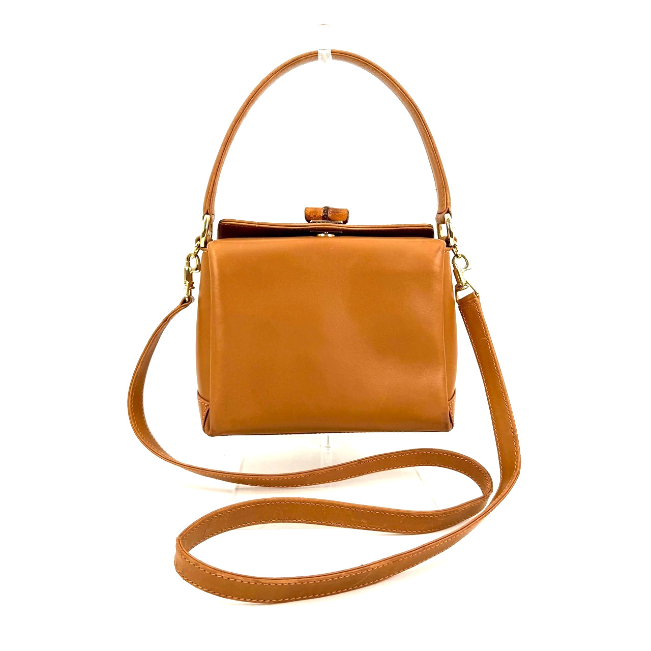Gucci Vintage Bamboo Turn Lock Hand Bag Brown Camel Leather Authentic