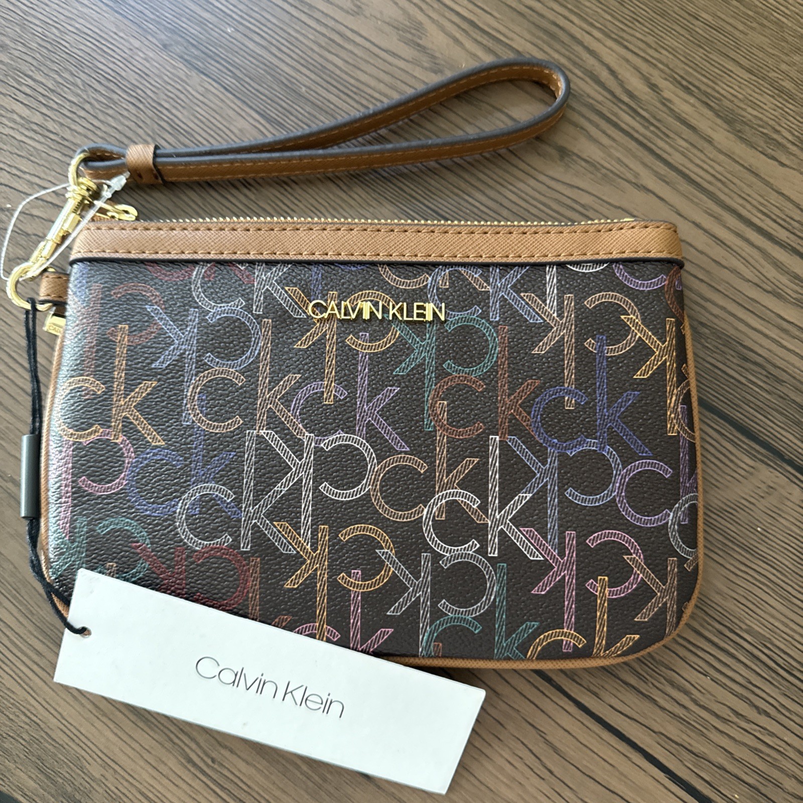 Calvin Klein Wristlet Clutch Multicolor CK Monogram Black NWT