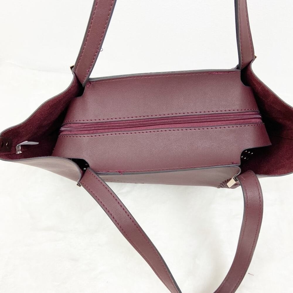 Burgundy Semi‑PU Tote Purse Structured Laser Cut Design Large Shoulder Bag