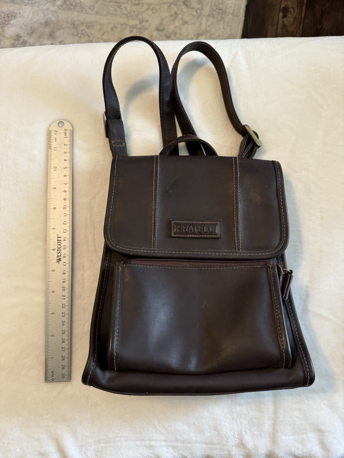 Vintage Fratelli Brown Leather Backpack Purse 10 X 8.5 Inches