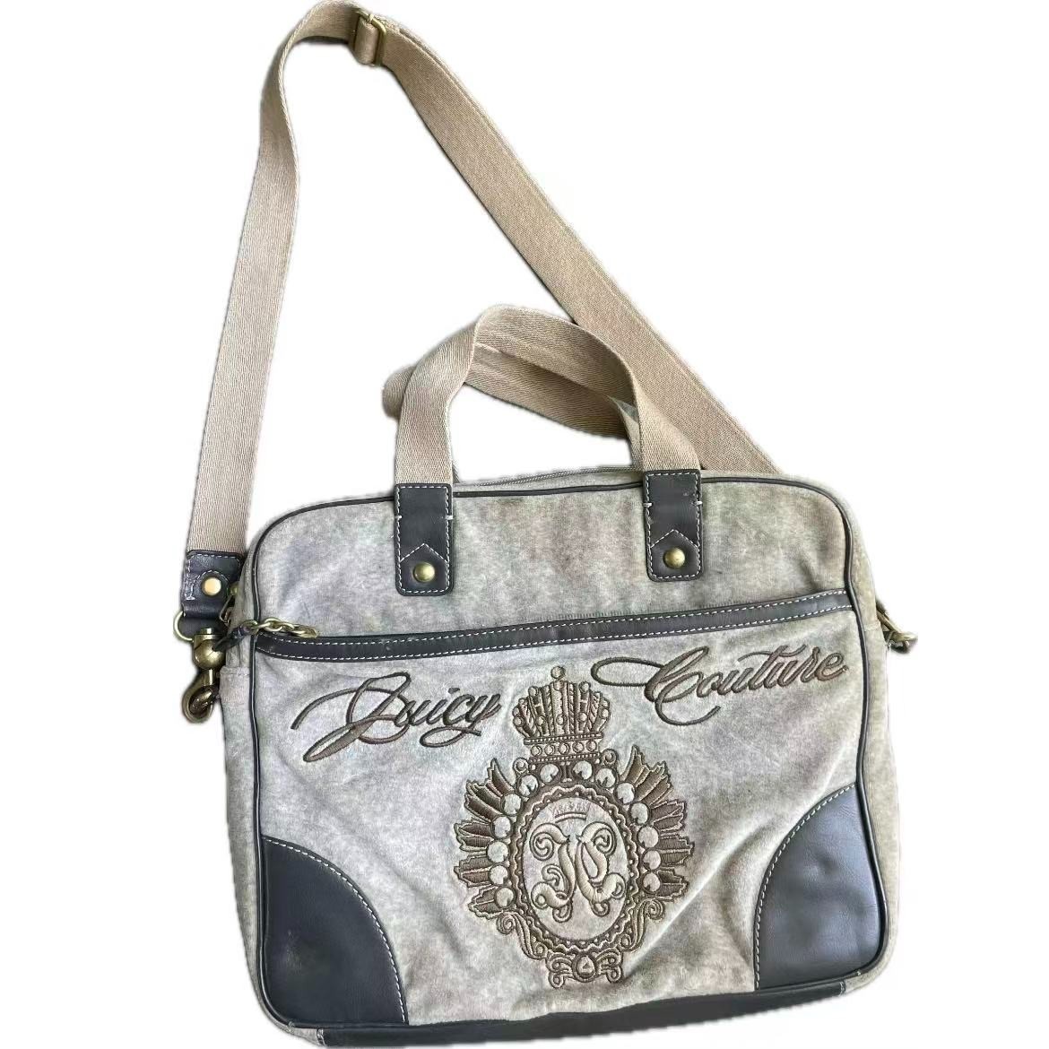 Vintage Y2K Juicy Couture Velour Laptop Bag Grey Crown Embroidery Messenger Bag