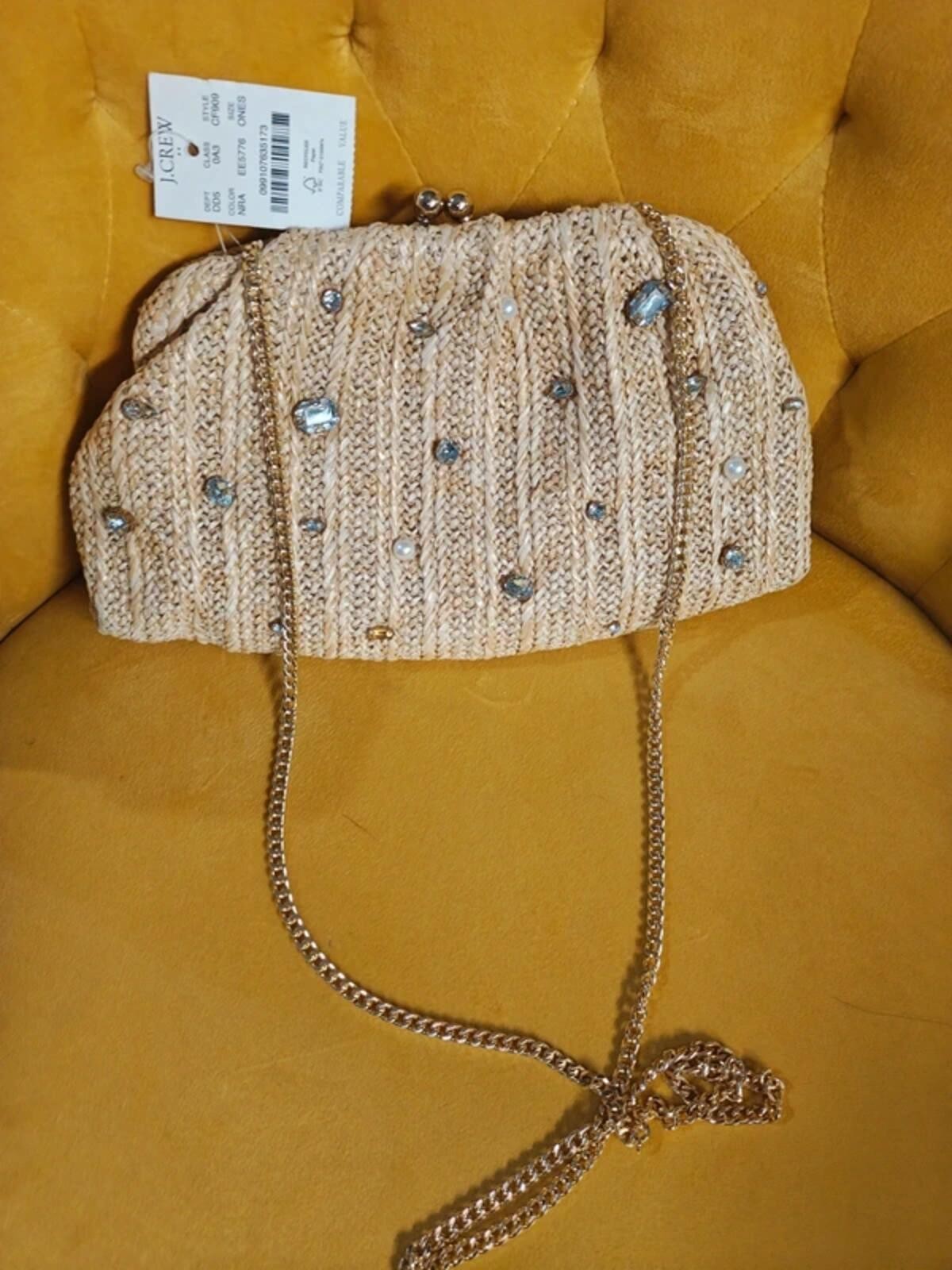 J. Crew Women’s Jeweled Woven Clutch Natural Raffia One Size NWT
