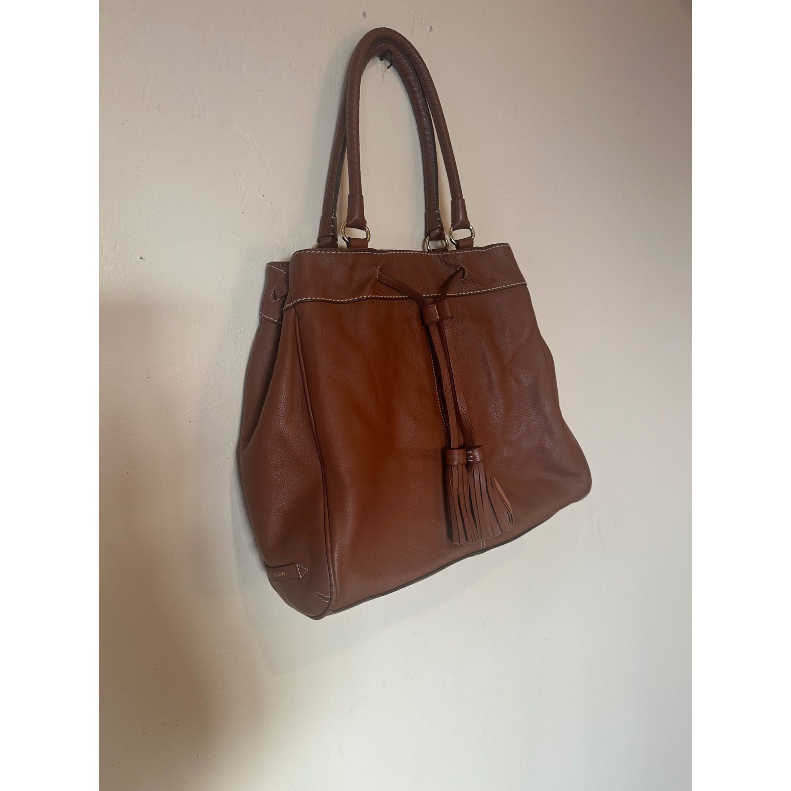 Cole Haan Brown Pebbled Leather Tote Shoulder Bag Tassel Drawstring Whipstitch