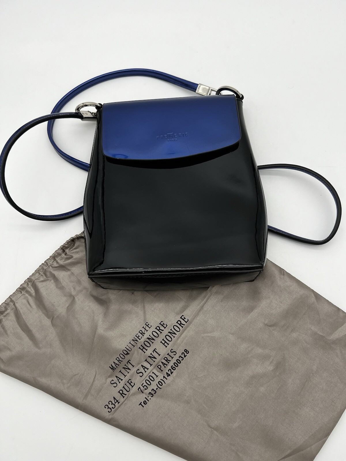 FredericT Paris Black with Royal Blue Patent Crossbody Bag Purse