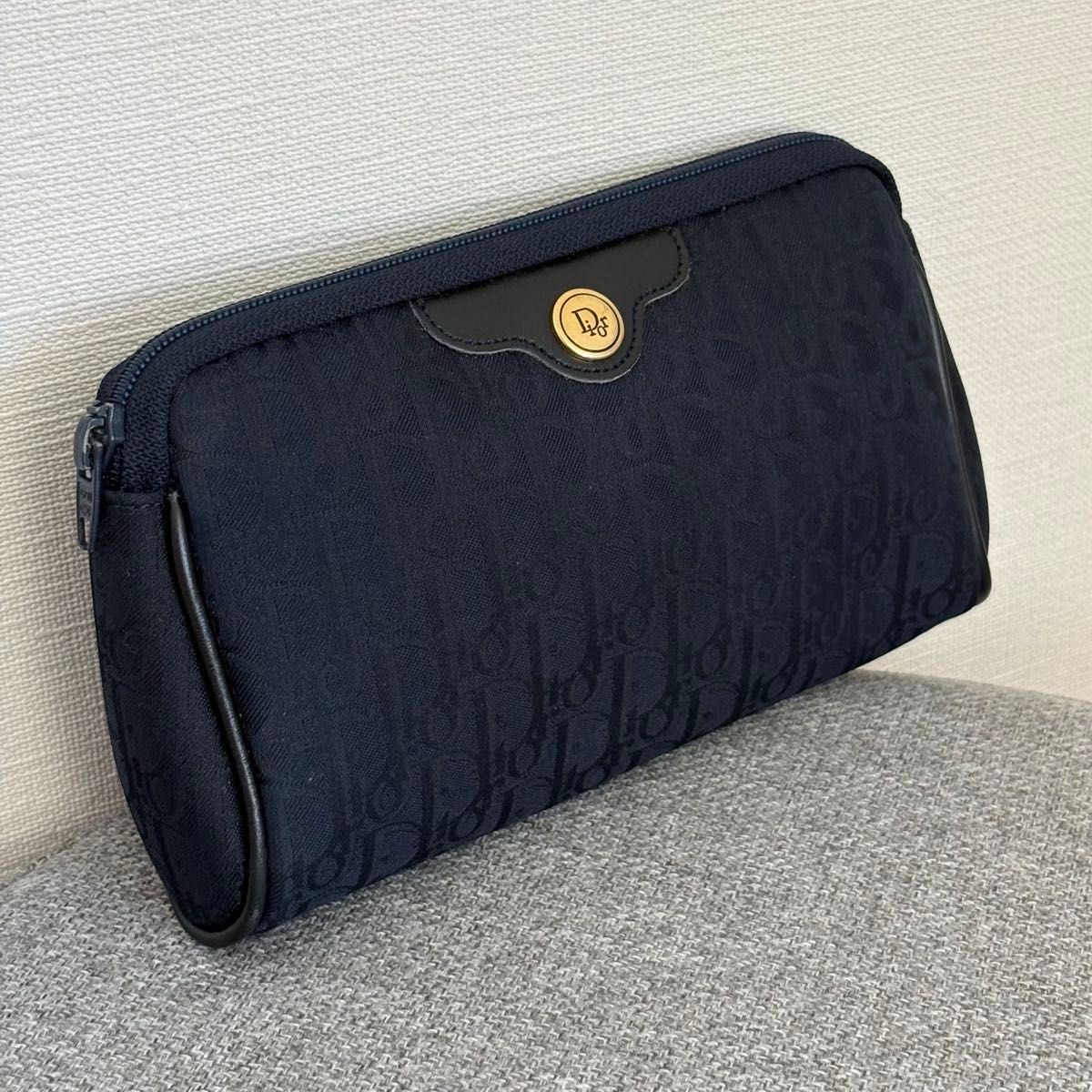 Christian Dior Makeup Pouch Multi case Trotter Navy Canvas x Leather Dior rh4686