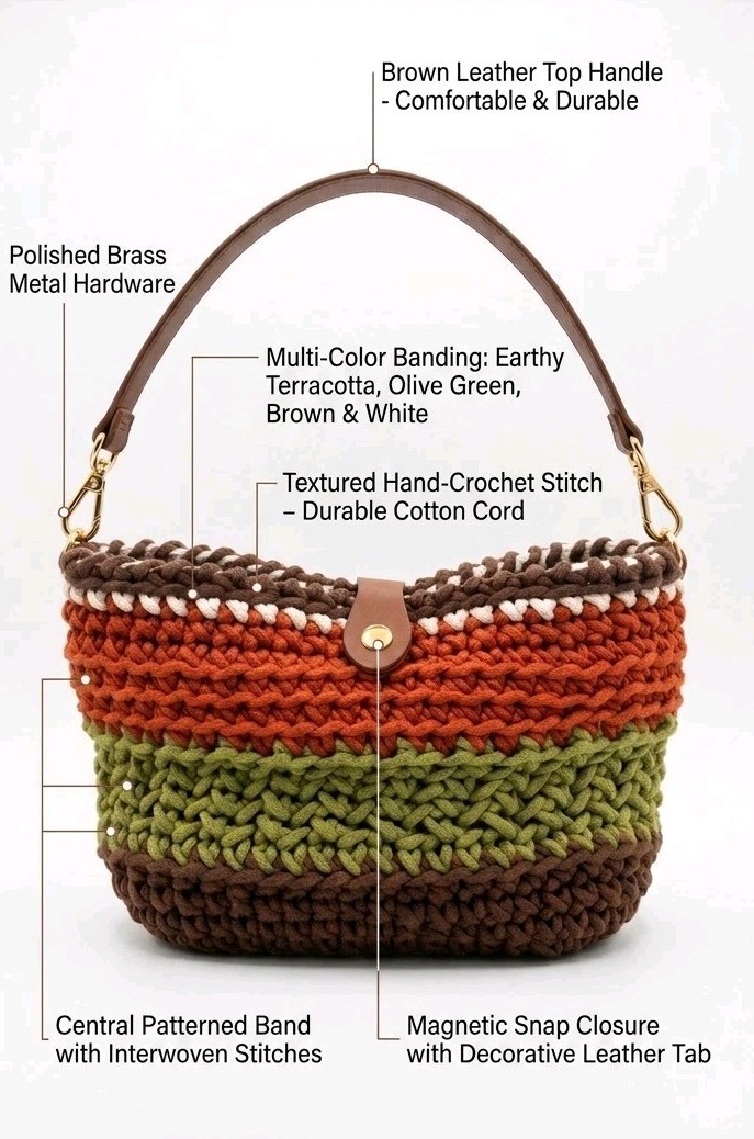 Women Girl Crochet Handmade Cotton Handbag 28x18x10cm