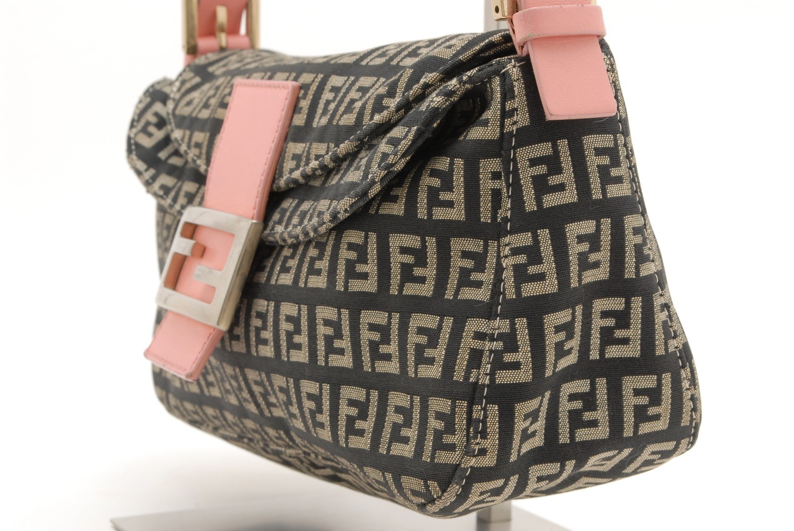 FENDI Zucchino Shoulder Bag Black Pink Canvas