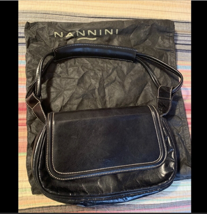 Vintage Nannini Hobo Bag With Dust Bag Black Leather With White Stitching.