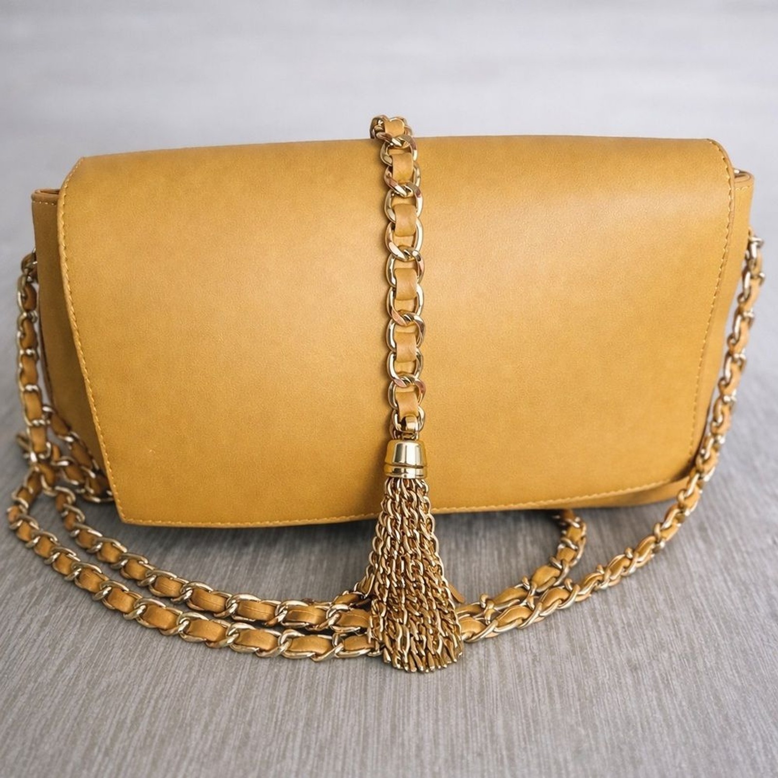 JustFab Tan Faux Suede Shoulder Bag w/Gold Tassel and Chain Hardware