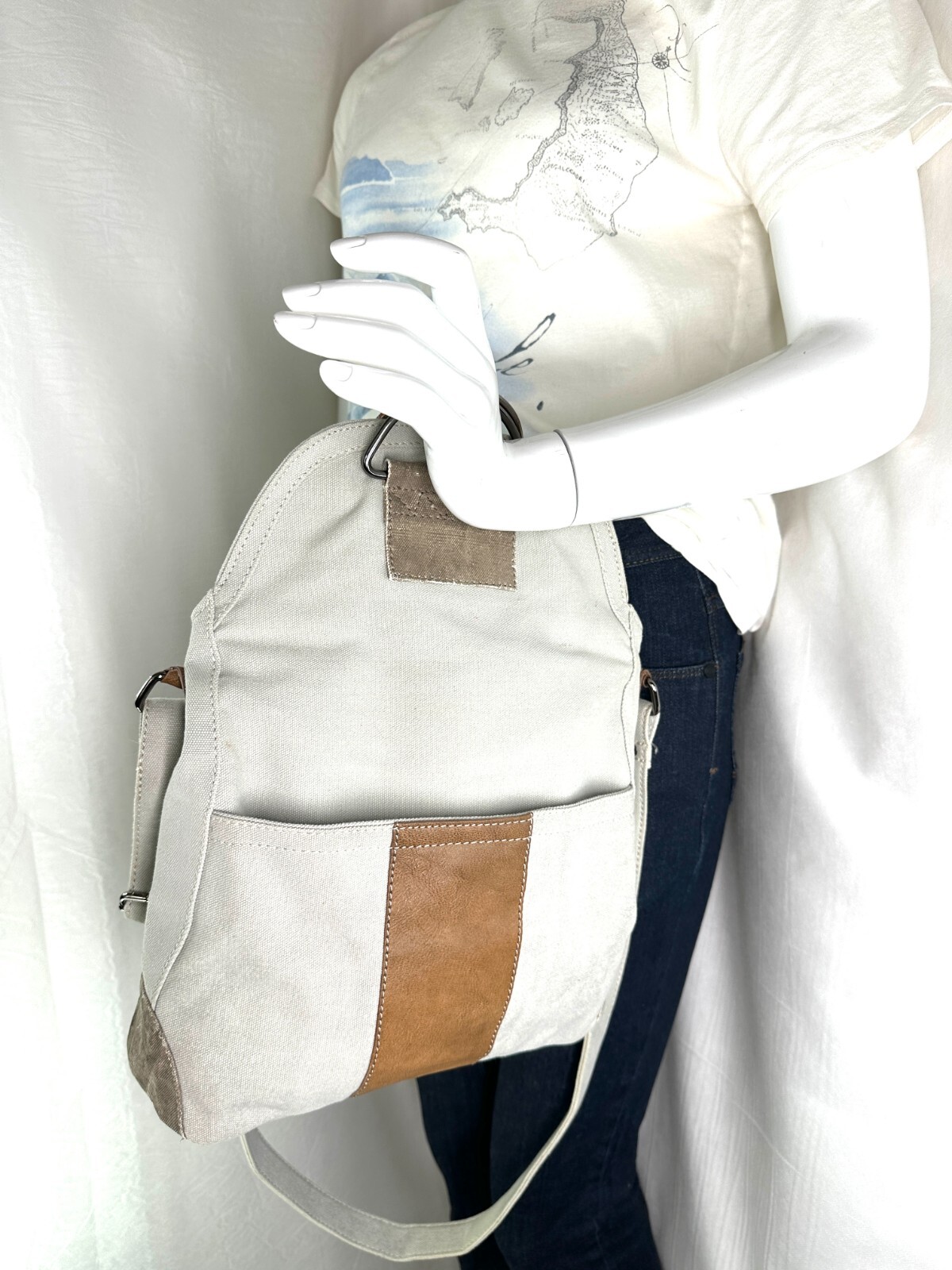 Mona B Oatmeal Beige Canvas Small Fold Over Shoulder Bag Purse Brown Leather