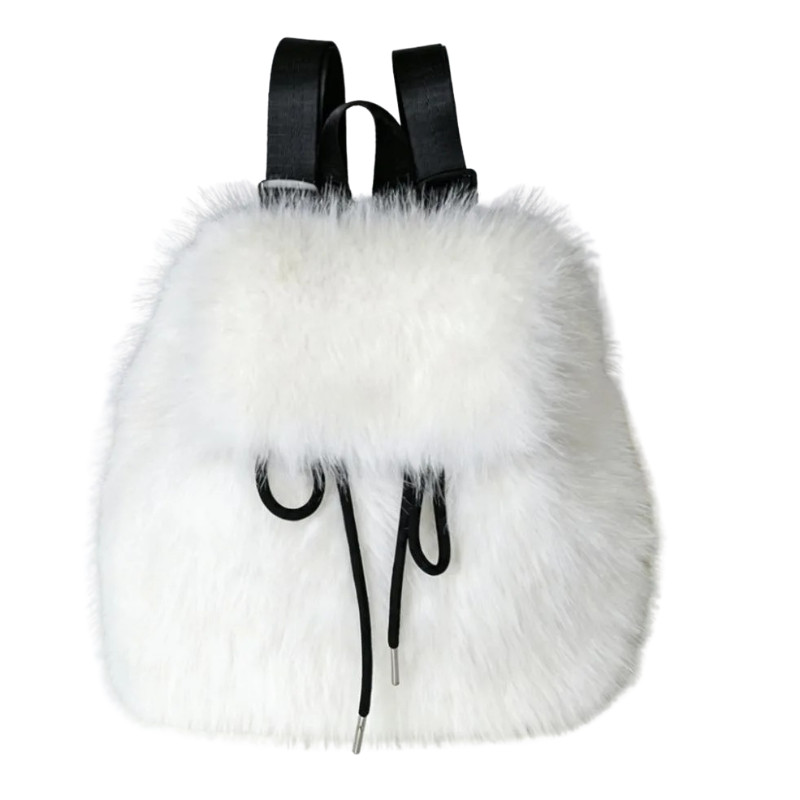 Drawstring Faux Fur Backpack Mini Lightweight Daypack with Adjustable Closure
