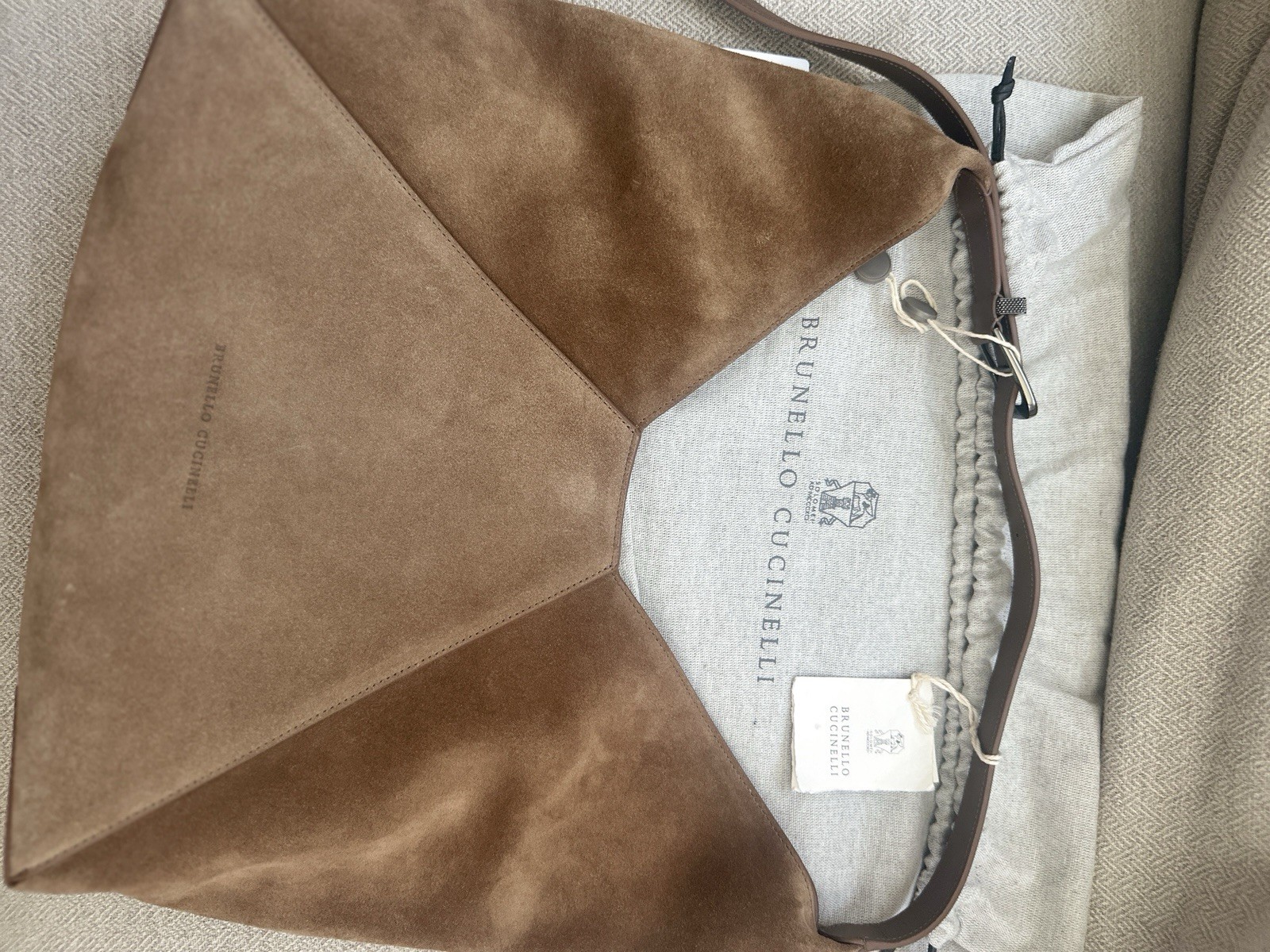 Brunello Cucinelli Duo Hobo Shoulder Tote – Suede Calfskin Camel