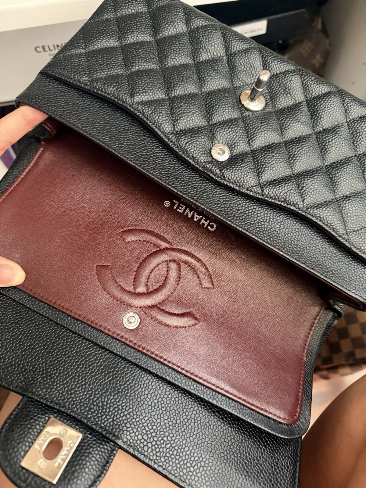 CHANEL Black Classic Flap Shoulder Bag Turn Lock Silver Hardware Medium w/Card