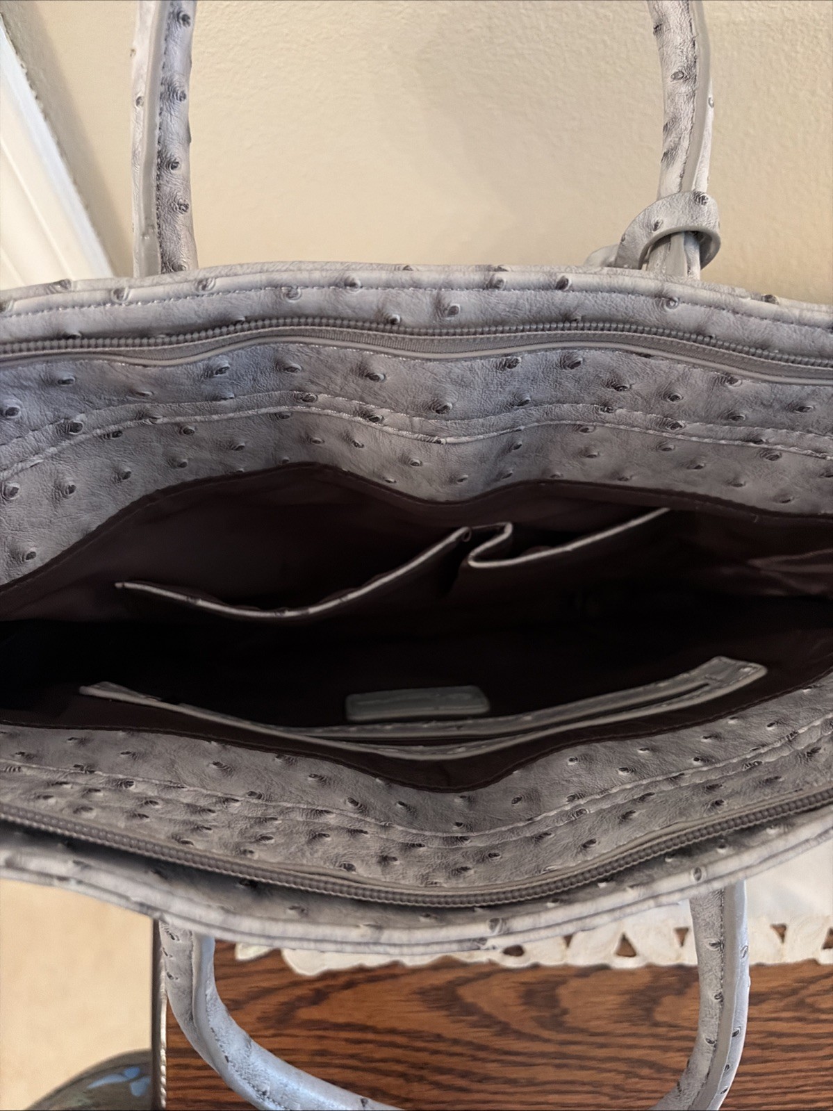 Penelope Ann Ostrich Skin Faux Leather Hand Shoulder Bag Gray/blue Oversized