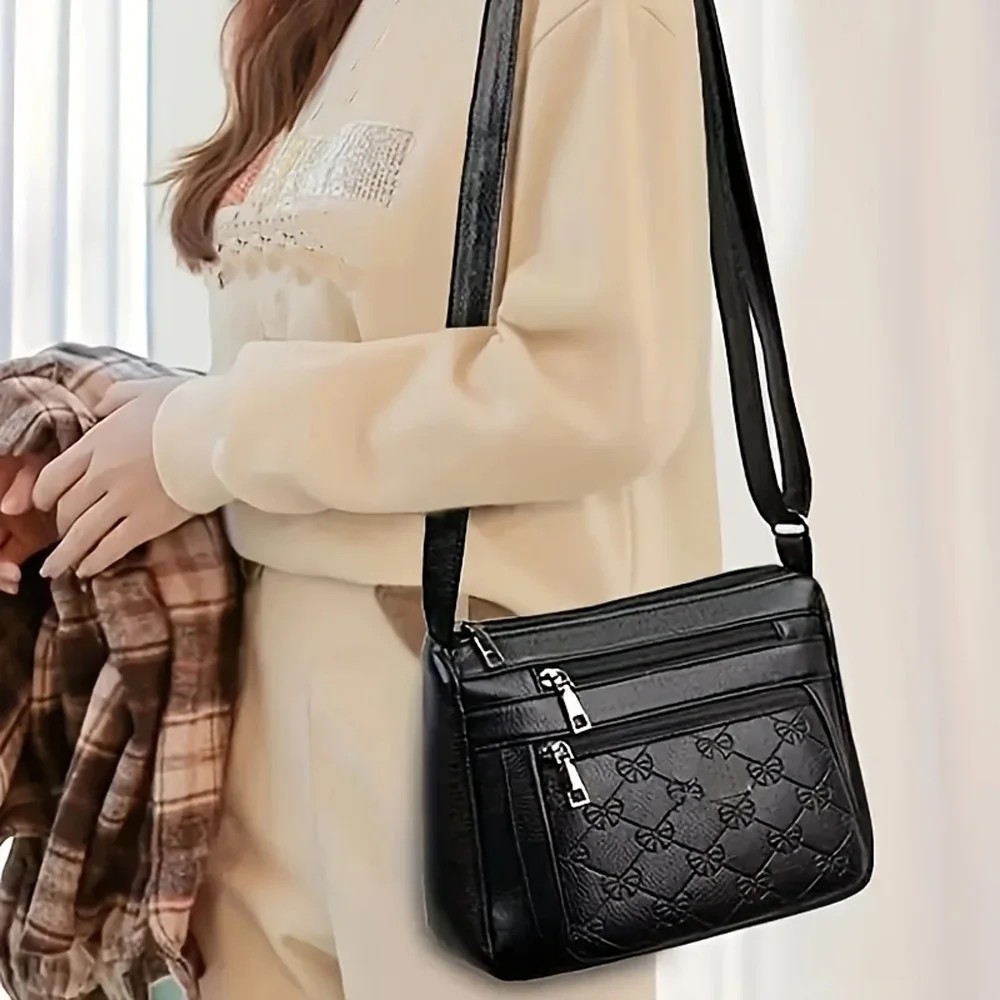 Women Crossbody Mom Bag PU Leather Large Capacity Multi-Pocket Shoulder Black