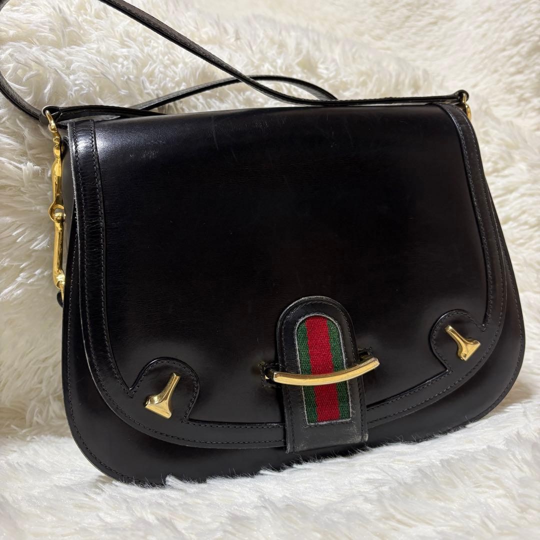 GUCCI Shoulder Bag Leather Horsebit Web Stripe Vintage Authentic From Japan