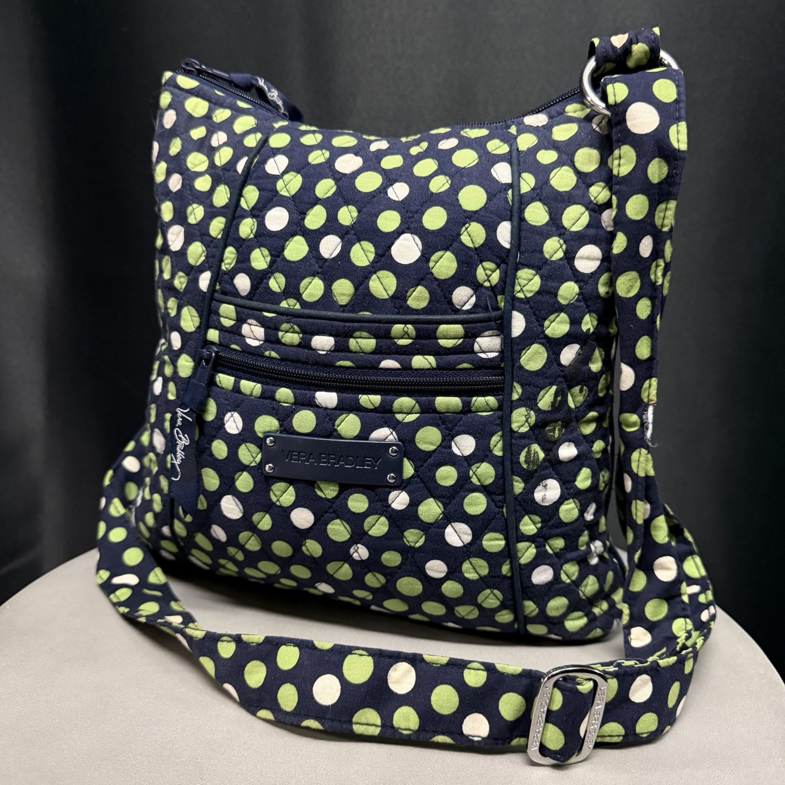 Vera Bradley Lucky Polka Dots Quilted Navy Blue Shoulder Bag Crossbody Purse