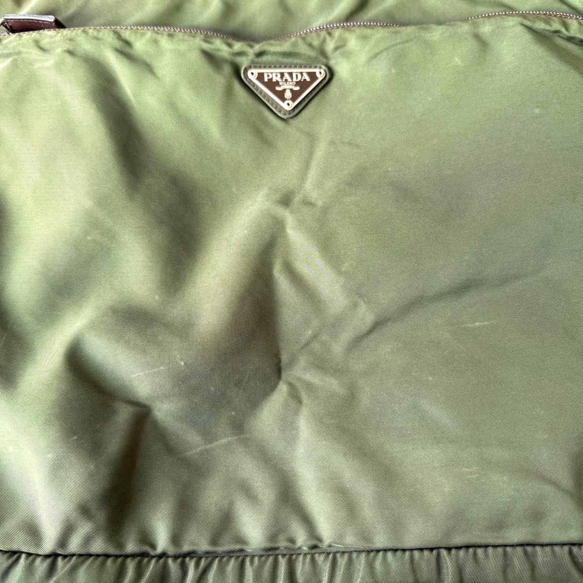 PRADA Nylon Tote Shoulder Bag Moss Green Triangle Logo 13.4×12.0in Auth Used