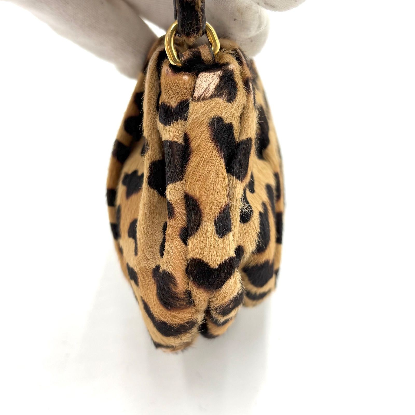 Auth PRADA Calf hair Leopard-Print Mini Pouch, Clutch Bag, Handbag 2Y10469