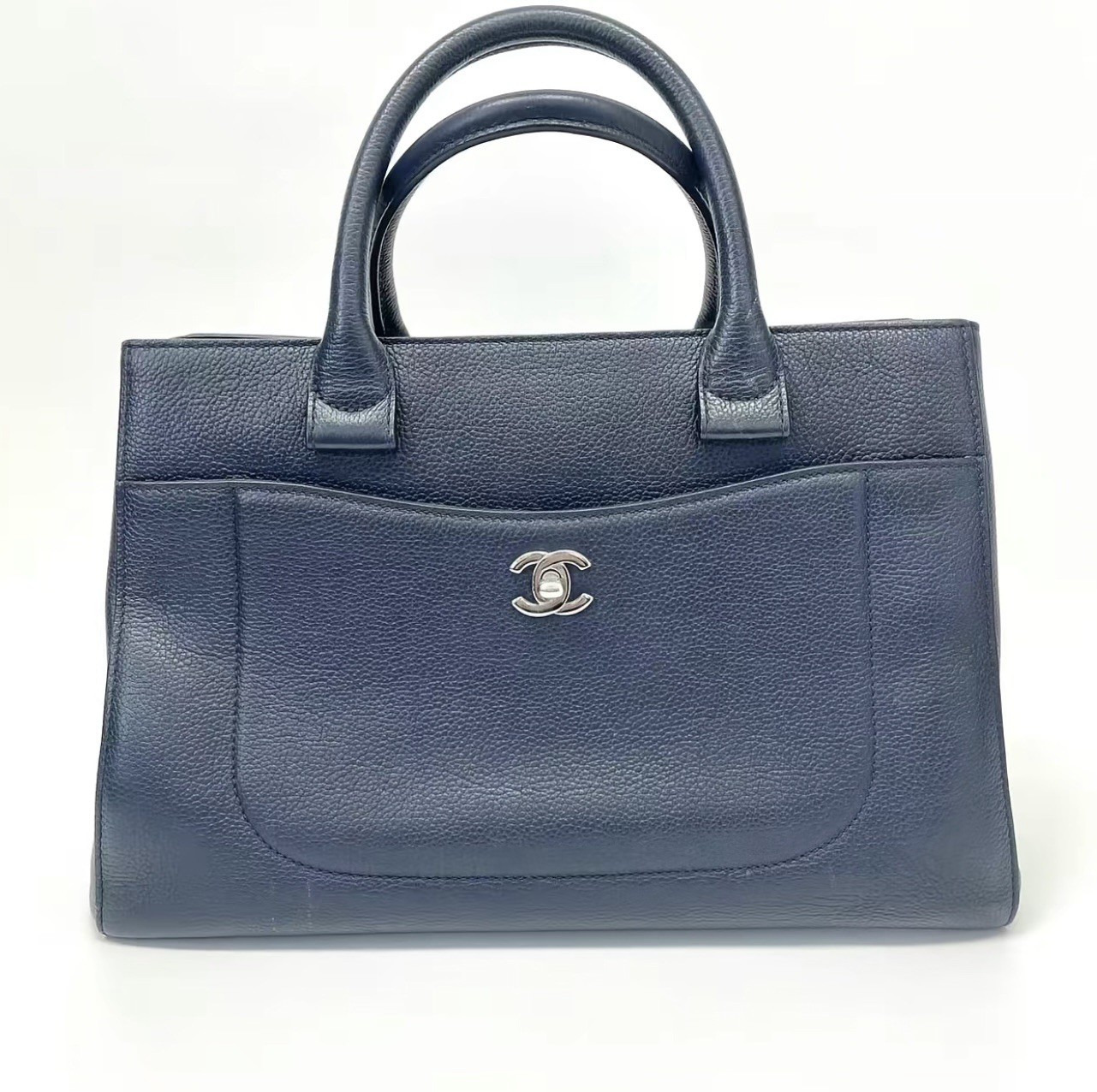 Authentic CHANEL Navy Blue Caviar Leather Top Handle Tote Shoulder Bag Silver CC