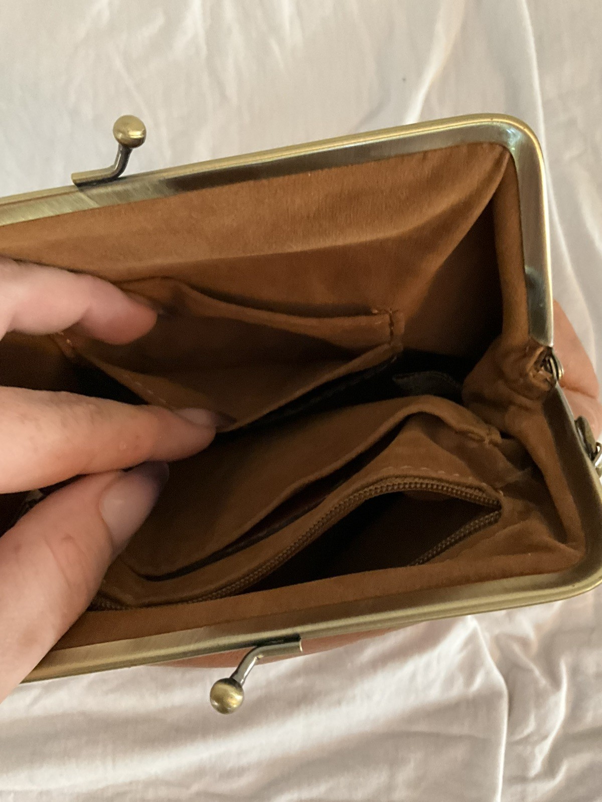 Patricia Nash Savena Antique Gold Kiss Lock Wristlet/Clutch Tooled Leather