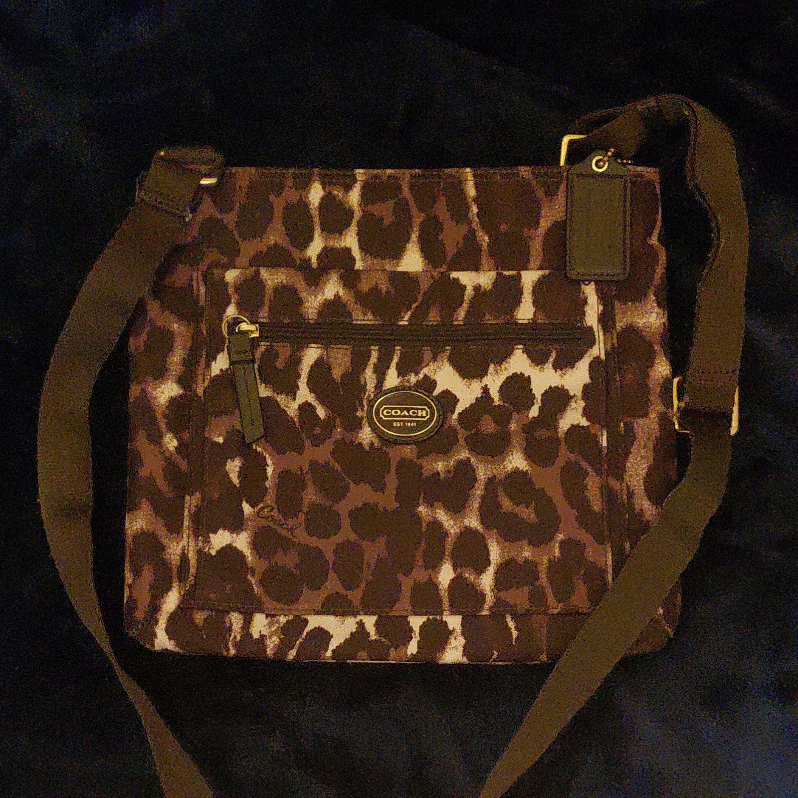 Coach Animal Print Crossbody Bag Zip Top Adjustable Strap Lined Brown Charm