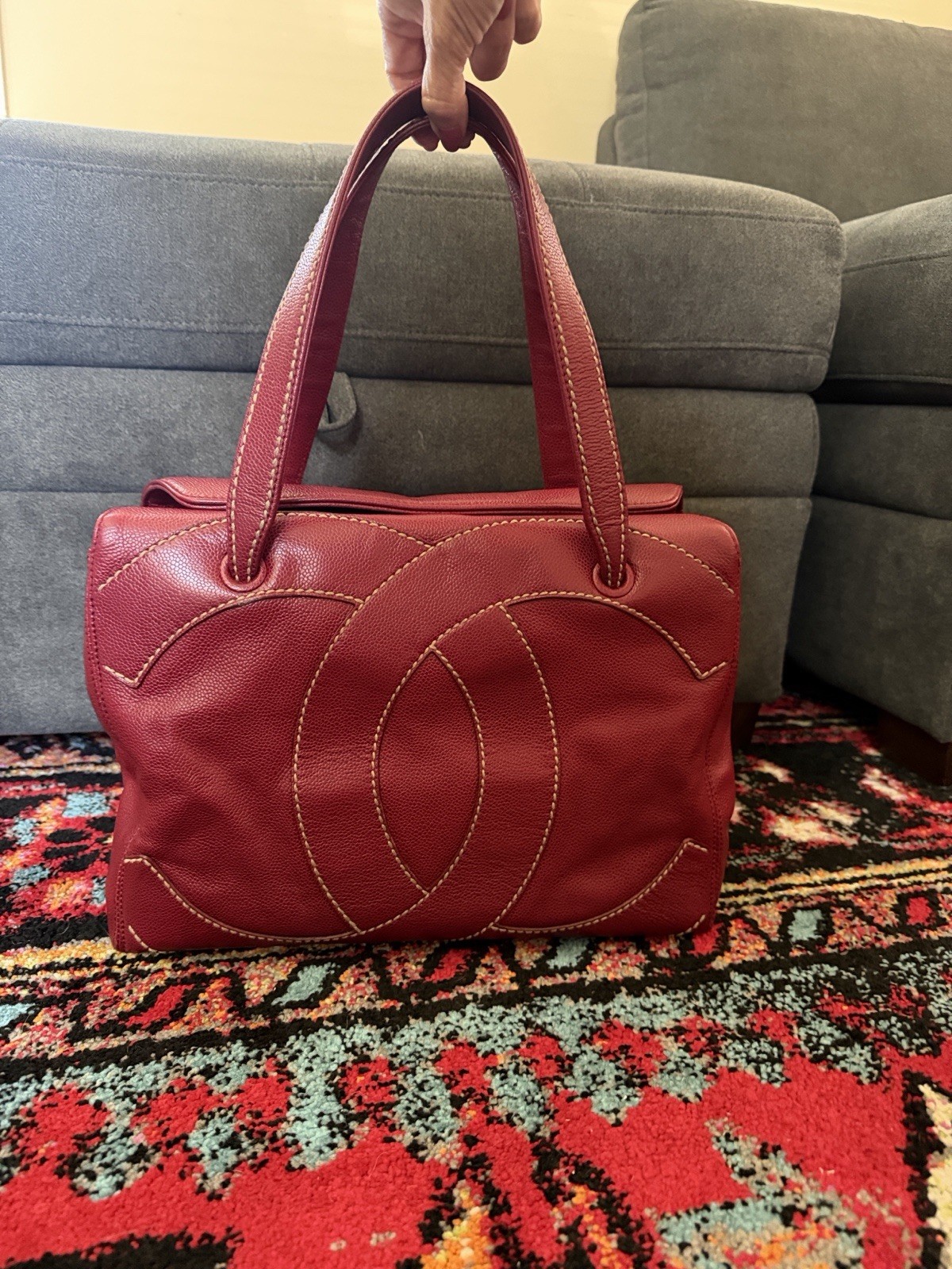 Chanel Red Caviar CC Stitch Tote. Bag Only