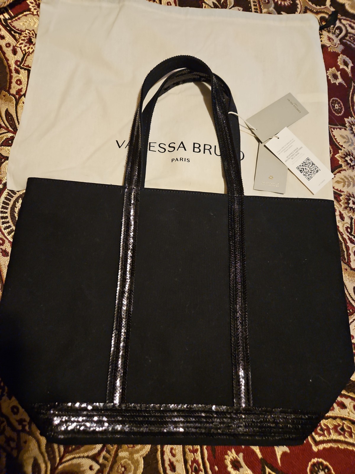 Nwt Vanessa Bruno Le Cabas Black Sequin Zip Tote Bag with Inner Pocket Org $285