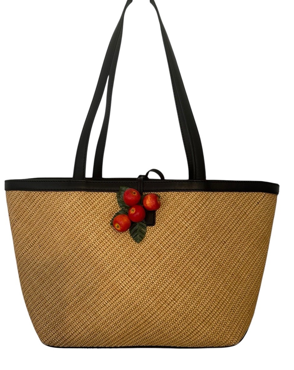 Cole Haan Straw Shopper Handbag Tote Natural with Black Leather Trim Lined NWT