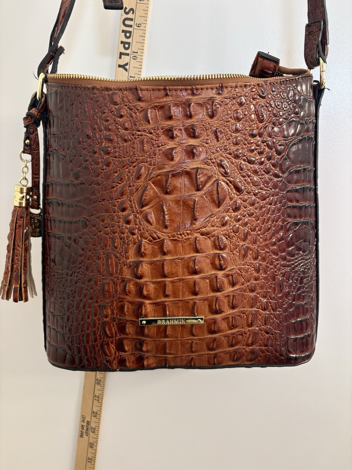 Brahmin Melbourne Croc-Embossed Leather Shoulder Bag — Pecan Brown