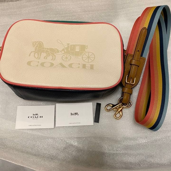 COACH Jes Double Zip Camera Bag Chalk Pebble Leather Rainbow Strap 9.6×6.3 inch