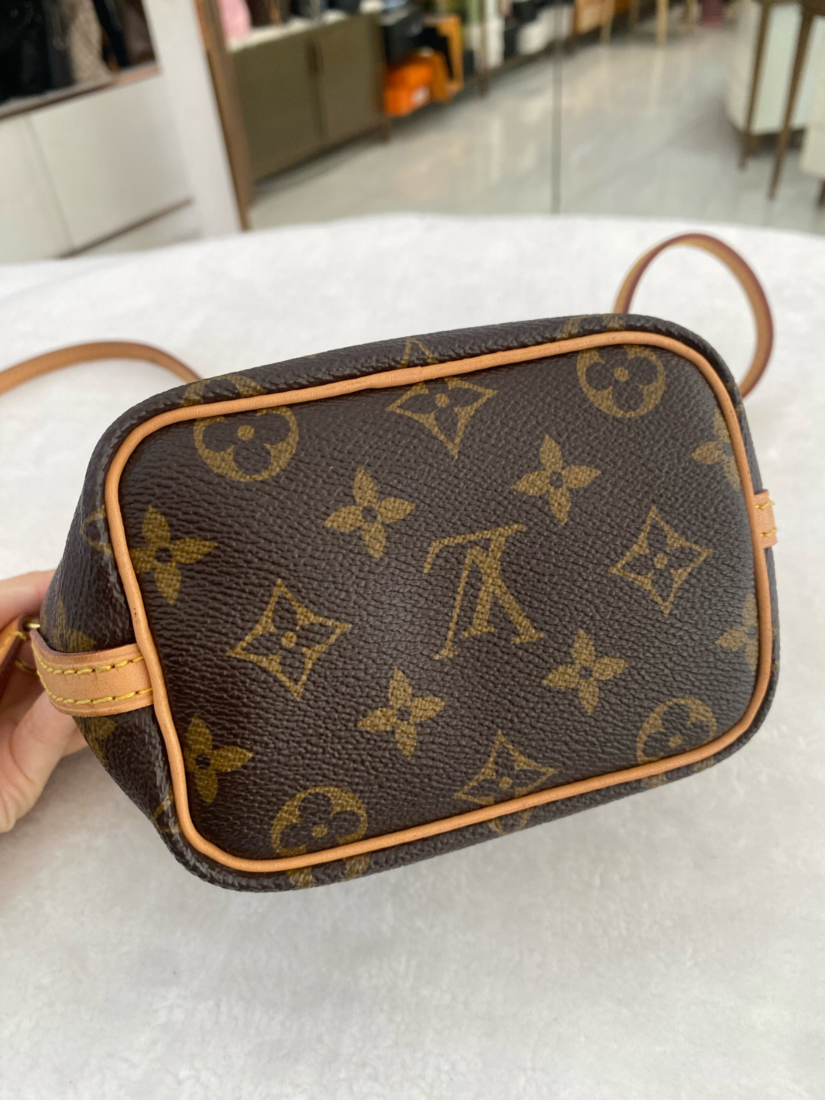 Authentic Louis Vuitton Nano Noé Monogram Canvas, Vachetta Leather Bucket Bag
