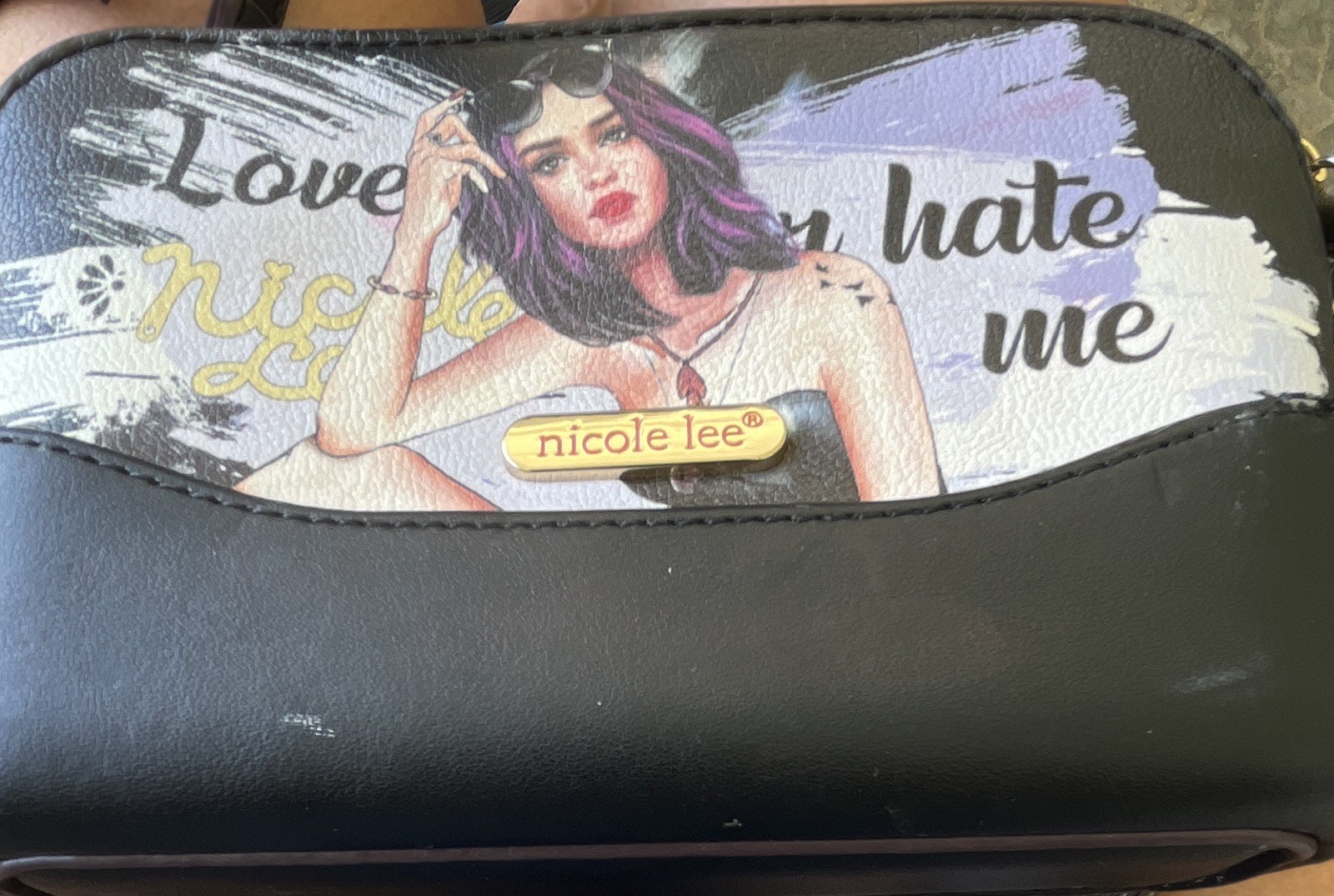 Nicole Lee Black Graphic Print Small Crossbody Bag Zip Gold Hardware Lined