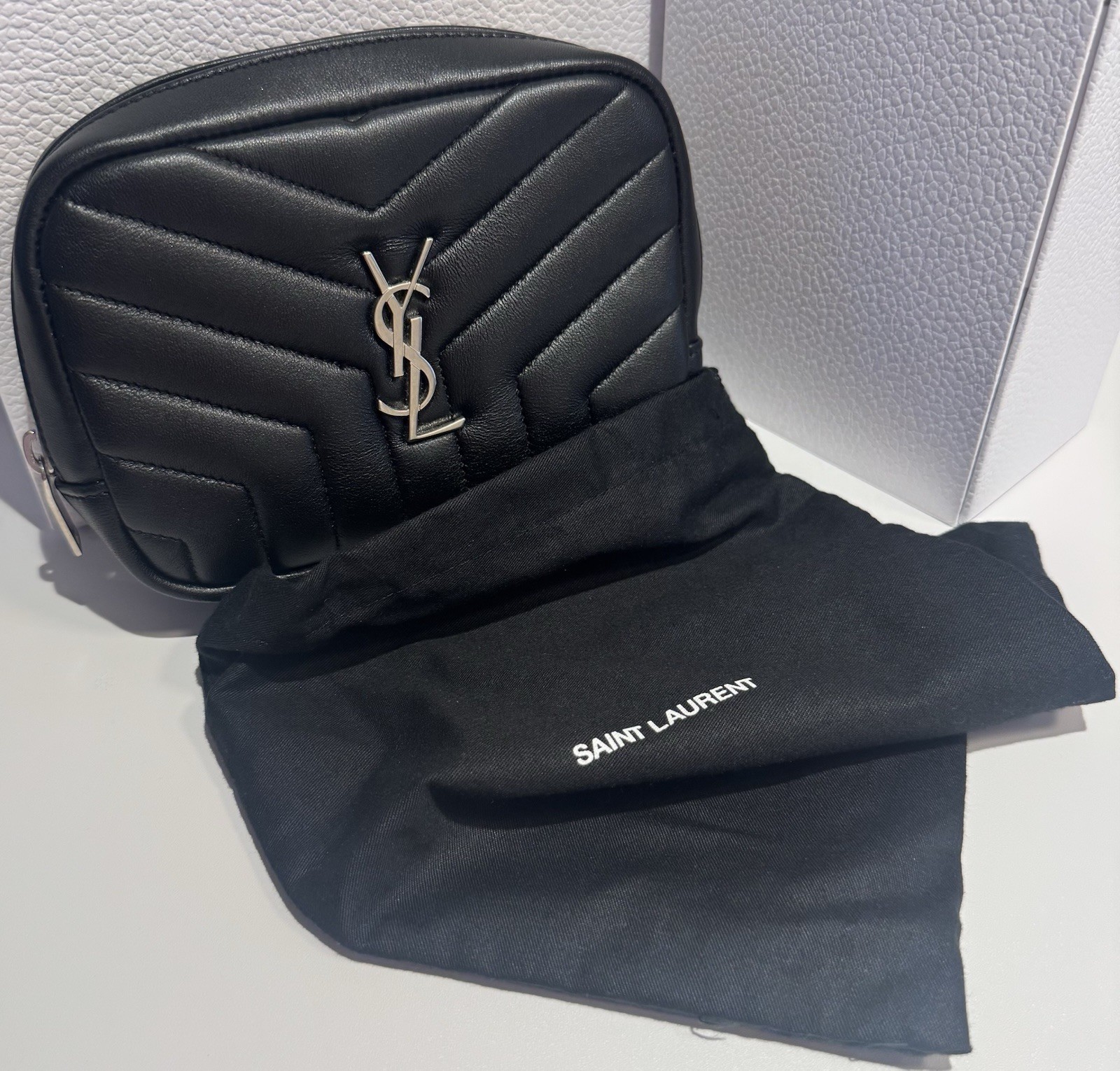 Saint Laurent Monogram Chevron Lambskin Cosmetic Pouch Black Italy Dust Bag