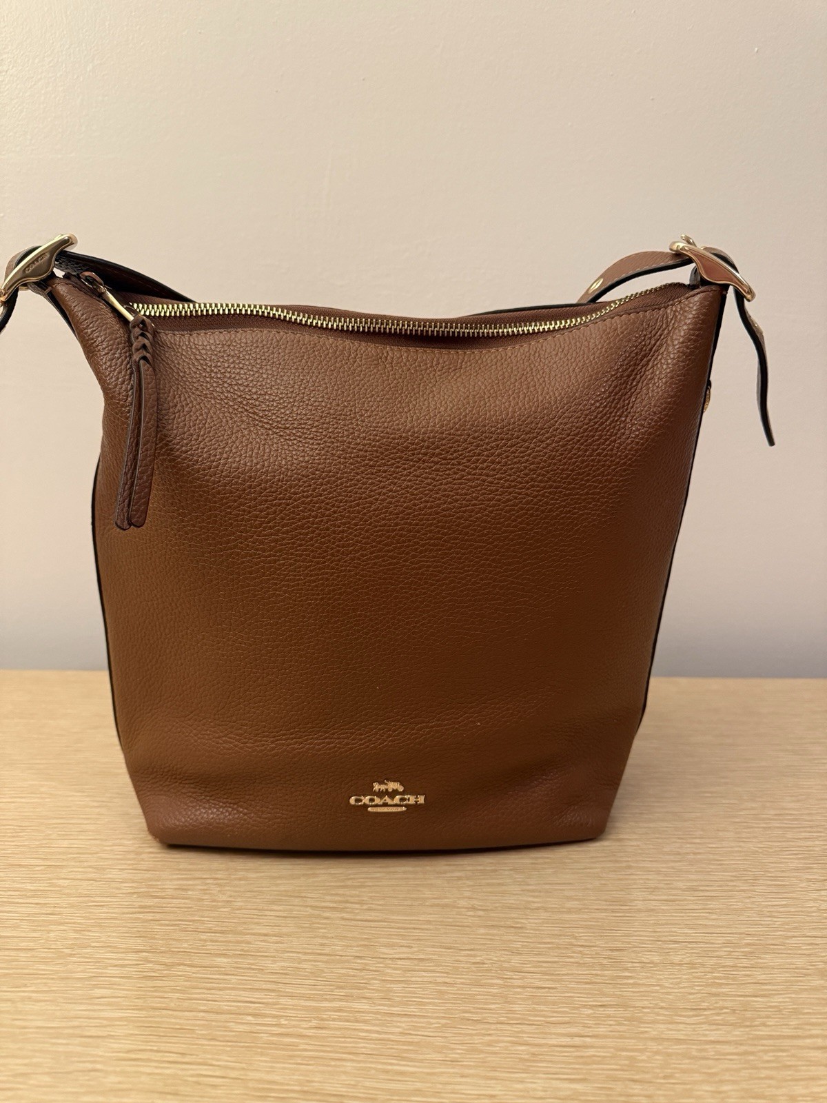 Coach Val Duffle Bag Red Wood Pebbled Leather Zip-Top Crossbody Gold Hardware