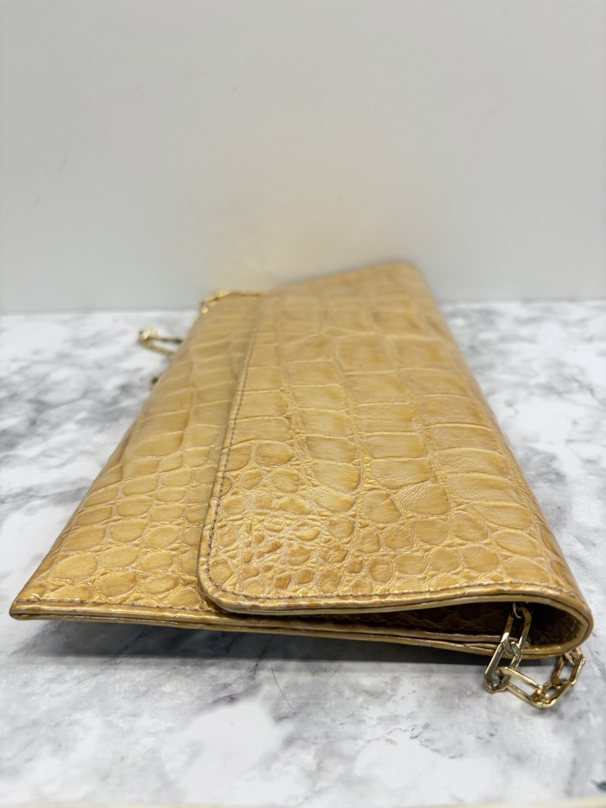 CARLOS FALCHI Gold Crocodile Embossed Clutch Chain Strap W/ Magnetic Clasp