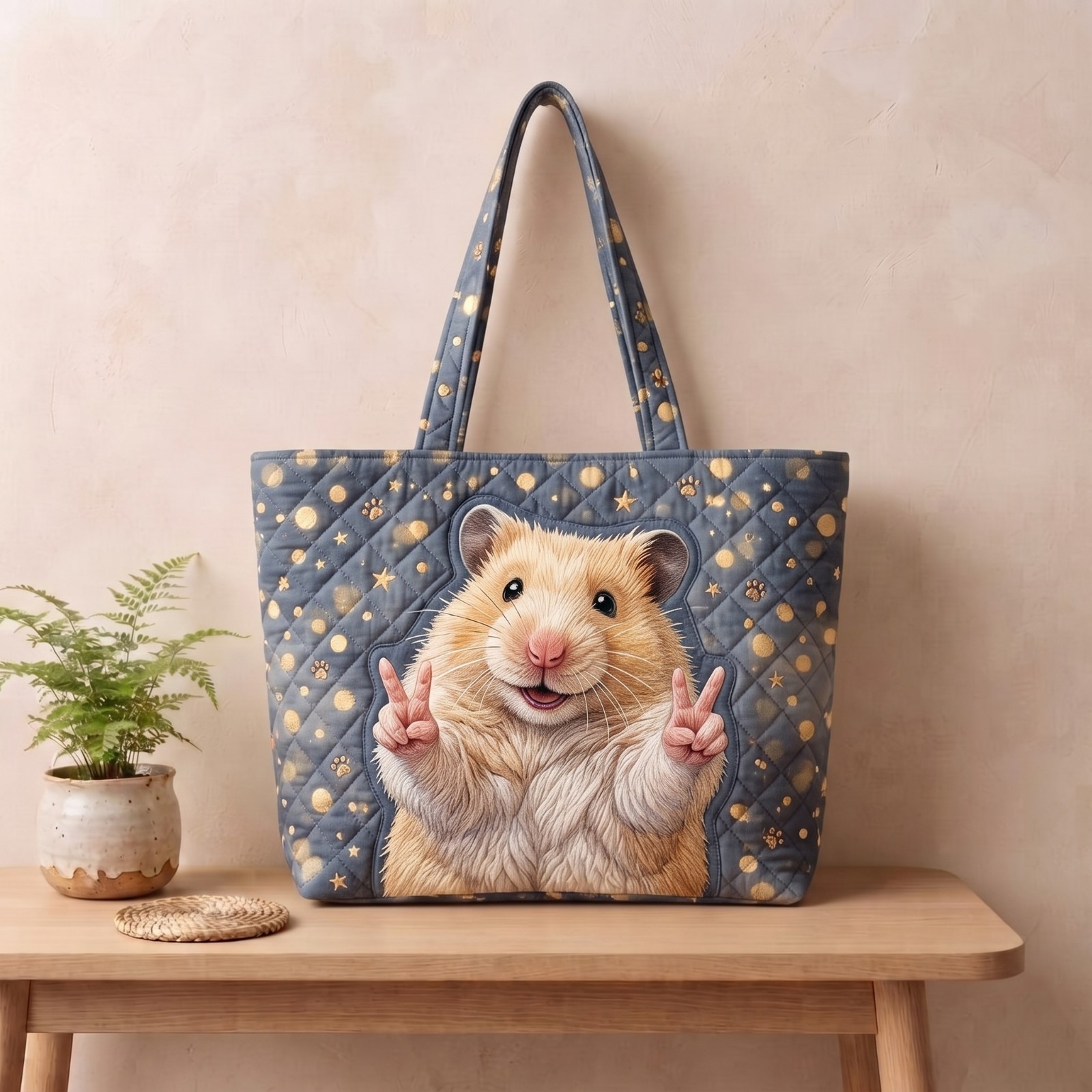 Cute Fluffy Hamster Red Cherries Fruit Quilted Tote Bag Animal Handbag Purse