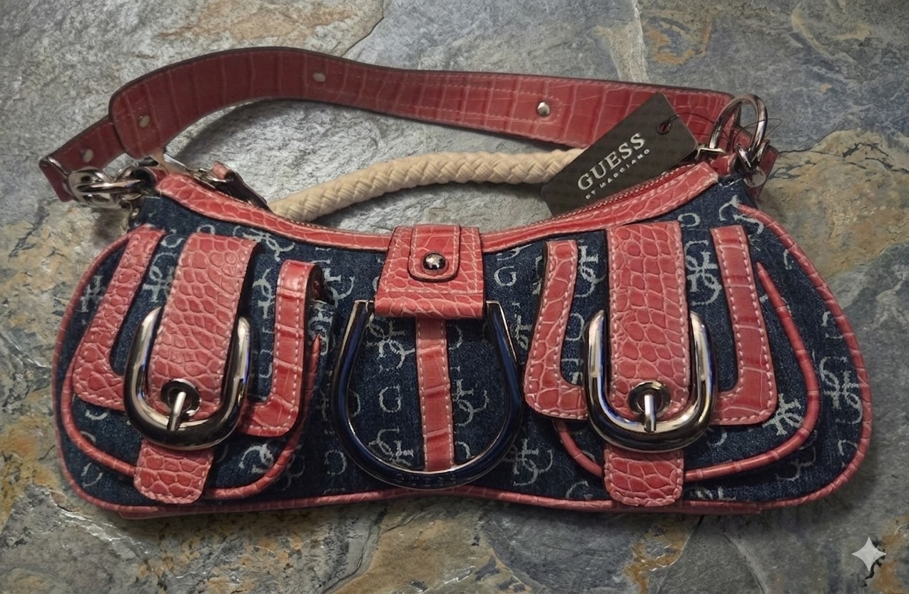 NWT Guess Y2k Vintage Monogram Denim Pink Faux Leather Snakeskin 2000s Baguette