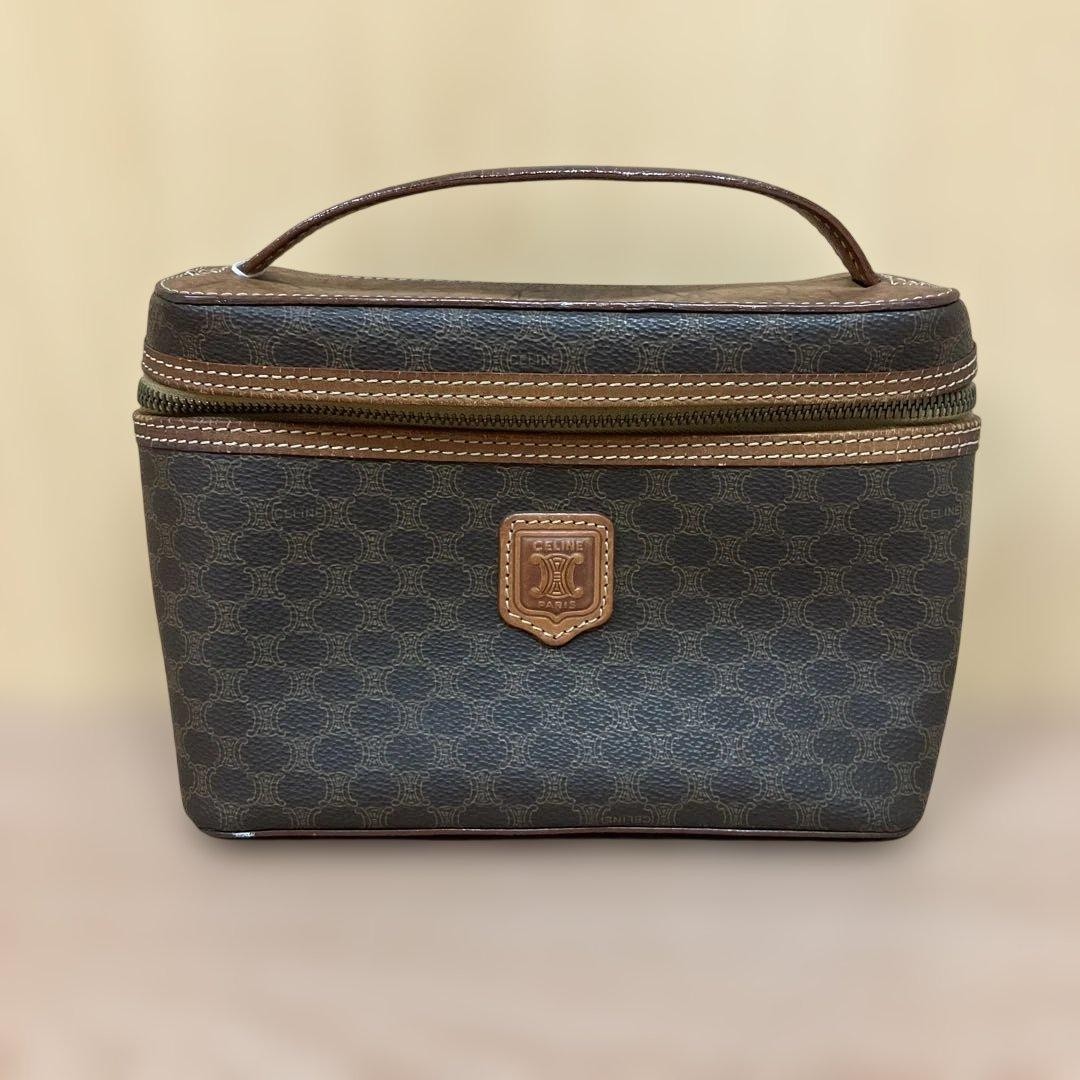 CELINE Macadam Vanity Bag Brown Handbag Top Handle Double Zipper MC96 8.3 inches