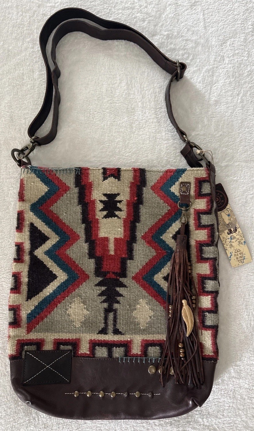 NWT Double D Ranch Western Wool Blend Aztec Brown Crossbody Purse Leather Strap