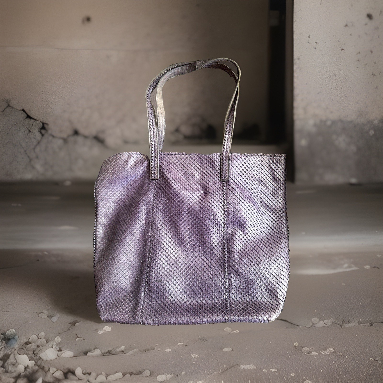 Carlos Falchi Purple Python Pattern Zip Tote Large Lined w/ Pouch, Inner Pockets